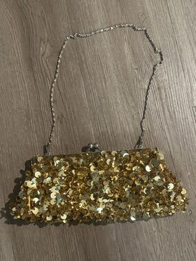 Gold Sequin Evening Clutch with Chain Strap